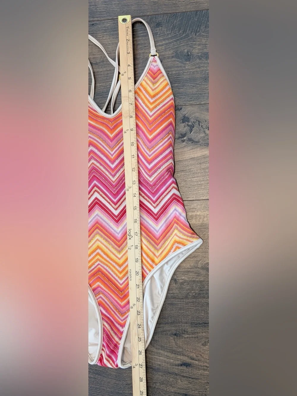 PQ Swim Women’s Margot One Piece Chevron Pink Orange Metallic Knit NWT Size Med